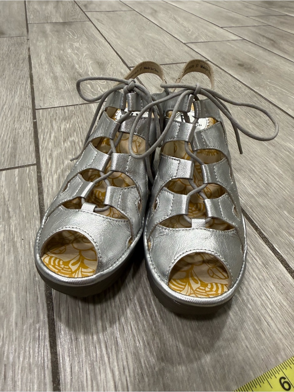 Fly London Silver Metallic Leather Lace-Up Wedge Sandal Size 37 / US 6.5-7